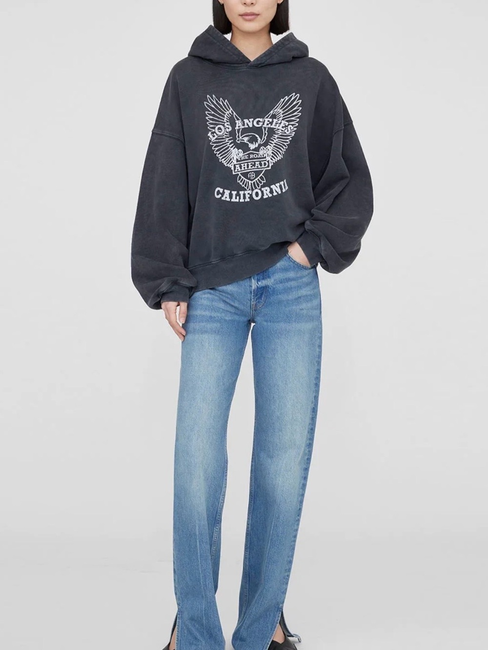 Anine Bing Alec Hoodie White Eagle in Washed Black